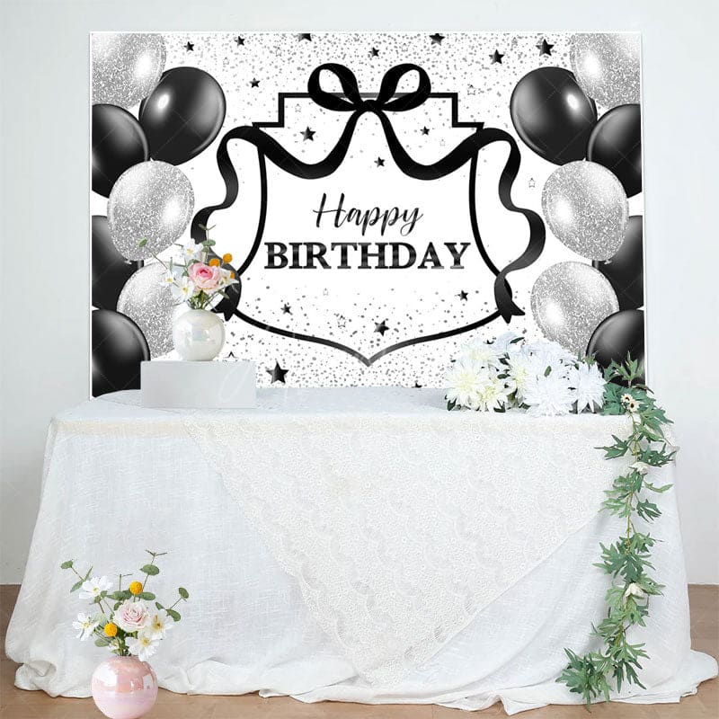 Aperturee - Aperturee Black Silver Balloons Glitter Happy Birthday Backdrop
