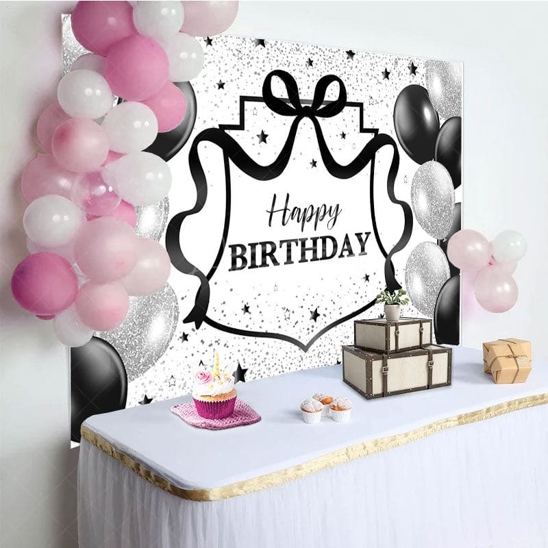 Aperturee - Aperturee Black Silver Balloons Glitter Happy Birthday Backdrop