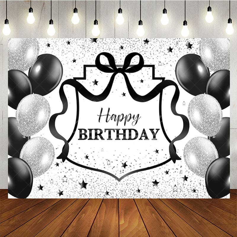 Aperturee - Aperturee Black Silver Balloons Glitter Happy Birthday Backdrop