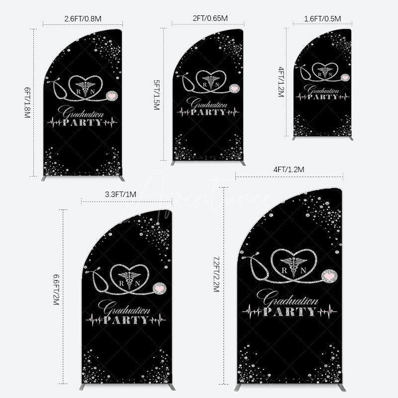 Aperturee - Aperturee Black Silver Glitter RN Graduation Party Half Moon Arch Backdrop