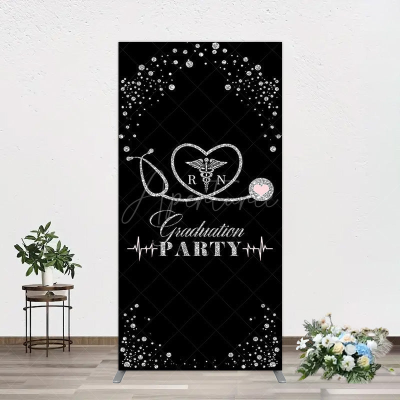 Aperturee - Aperturee Black Silver Glitter RN Graduation Party Rectangle Backdrop