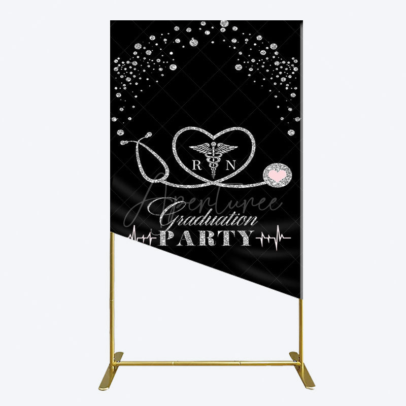 Aperturee - Aperturee Black Silver Glitter RN Graduation Party Rectangle Backdrop