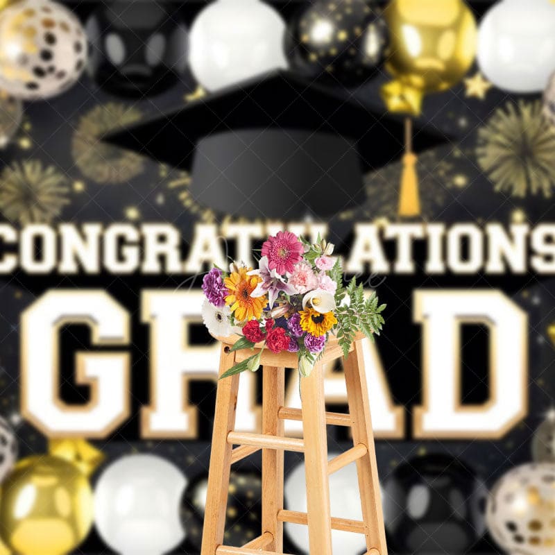 Aperturee - Aperturee Black Silver Gold Balloons Cheers Graduation Backdrop