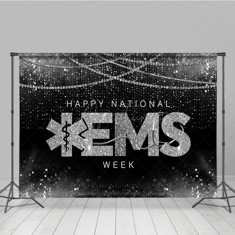 Aperturee - Aperturee Black Silver Pearl Happy National EMS Week Backdrop