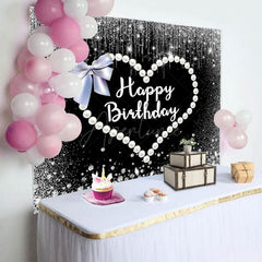 Aperturee - Aperturee Black Silver Pearls Heart Bow Birthday Backdrop