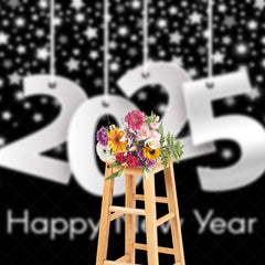 Aperturee - Aperturee Black Silver Stars 2025 Happy New Year Backdrop