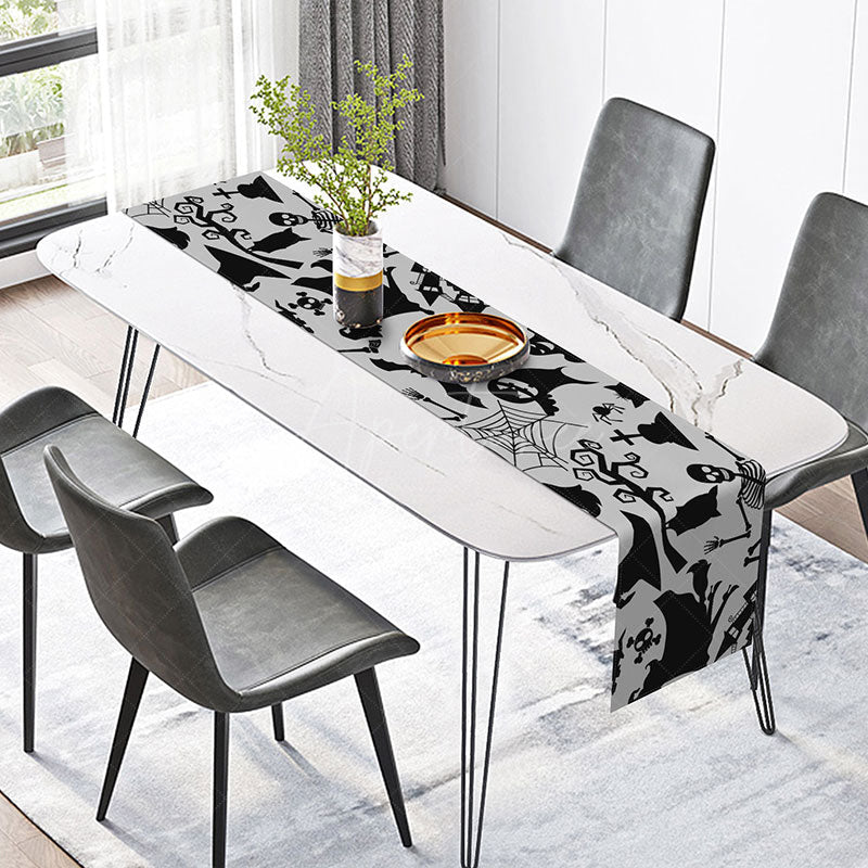 Aperturee - Aperturee Black Skeleton and Witch Halloween Table Runner Spooky Gothic Dining Decor Haunted House Party Decoration