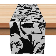 Aperturee - Aperturee Black Skeleton and Witch Halloween Table Runner Spooky Gothic Dining Decor Haunted House Party Decoration