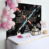 Aperturee - Aperturee Black Sparkle Star Galaxy War Happy Birthday Backdrop