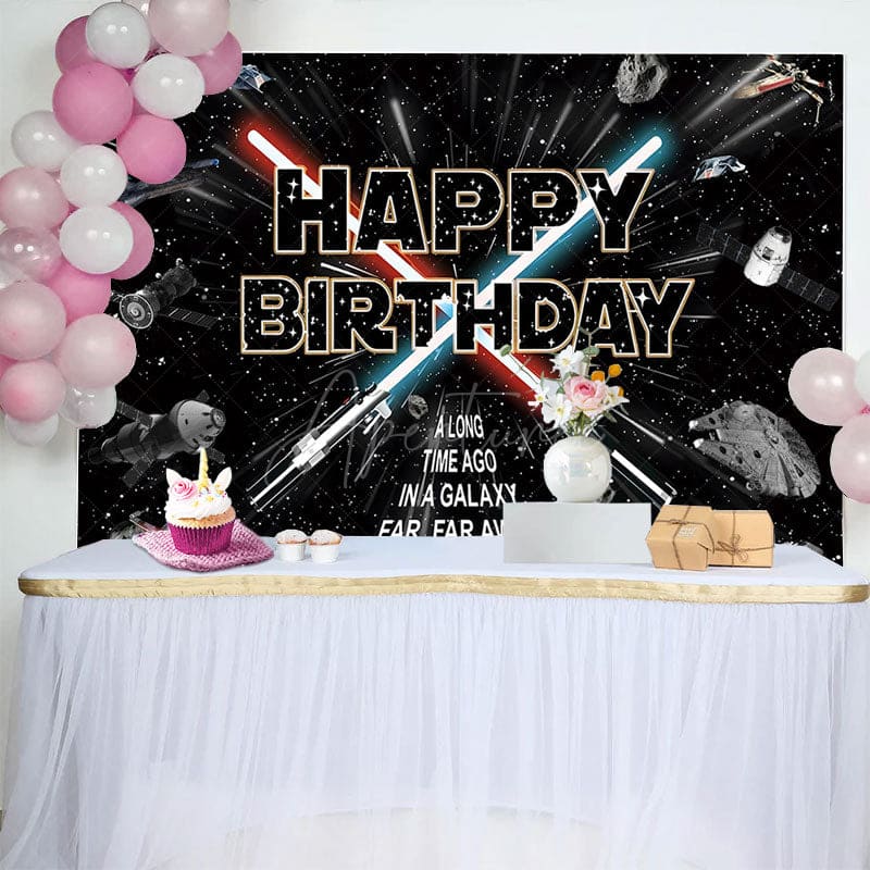 Aperturee - Aperturee Black Sparkle Star Galaxy War Happy Birthday Backdrop