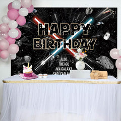 Aperturee - Aperturee Black Sparkle Star Galaxy War Happy Birthday Backdrop