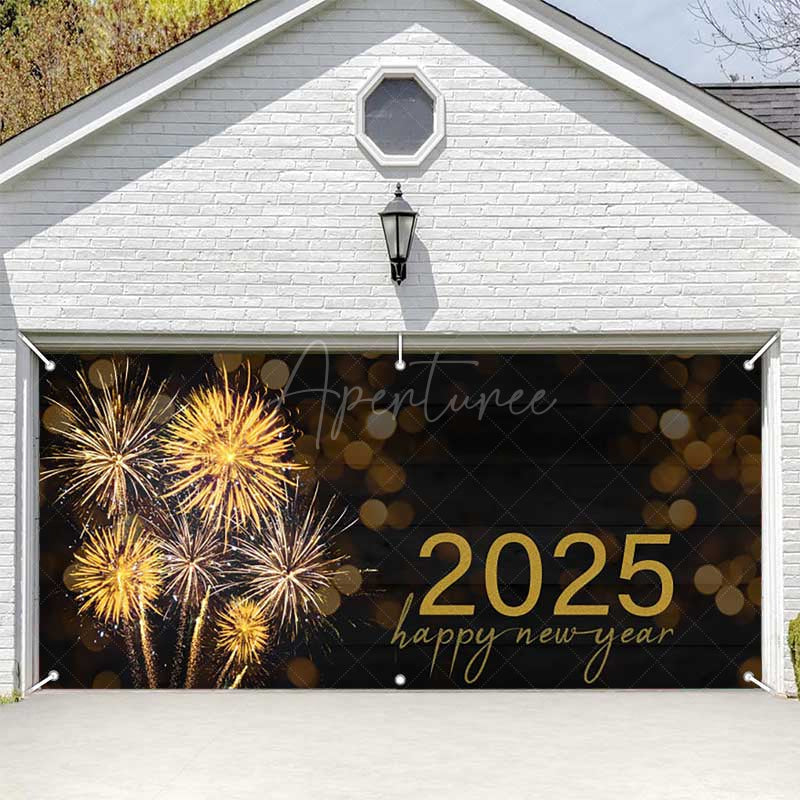 Aperturee - Aperturee Black Sparks Bokeh 2025 New Year Garage Door Banner