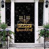Aperturee - Aperturee Black Stars Jewish Menorah Happy Hanukkah Door Cover