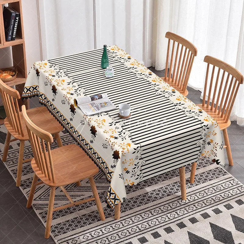 Aperturee - Aperturee Black Striped Orange Floral Border Rectangle Tablecloth Cream Background Fall Flower Modern Farmhouse Dining Table