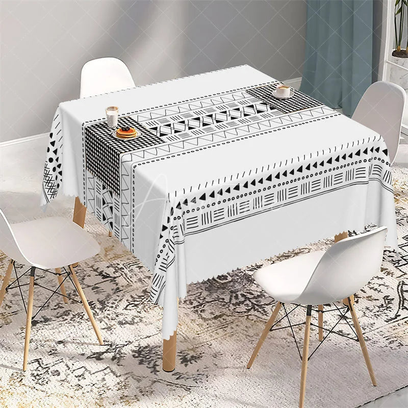 Aperturee - Aperturee Black Tribal Geometric Band Rectangle Tablecloth Modern Boho Pattern Table Cover for Dining