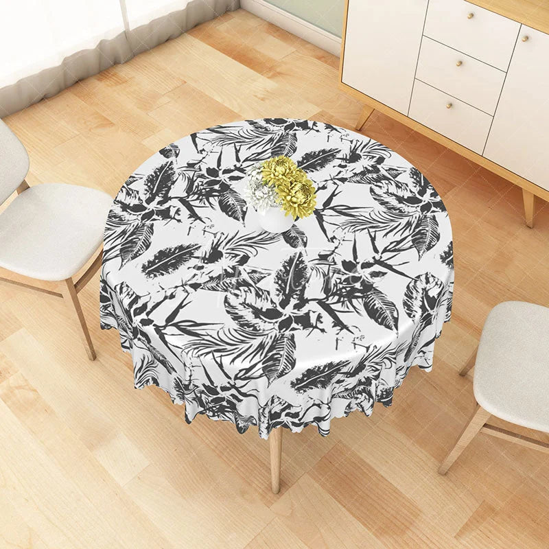 Aperturee - Aperturee Black Tropical Leaf Sketch Round Tablecloth Modern Botanical Jungle Pattern for Summer Decor