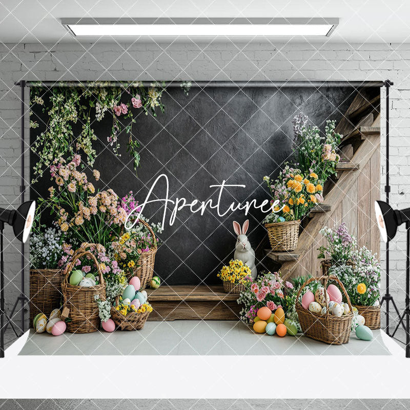 Aperturee - Aperturee Black Wall Floral Bunny Eggs Easter Room Set Backdrop