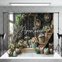 Aperturee - Aperturee Black Wall Floral Bunny Eggs Easter Room Set Backdrop