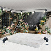 Aperturee - Aperturee Black Wall Floral Bunny Eggs Easter Room Set Backdrop