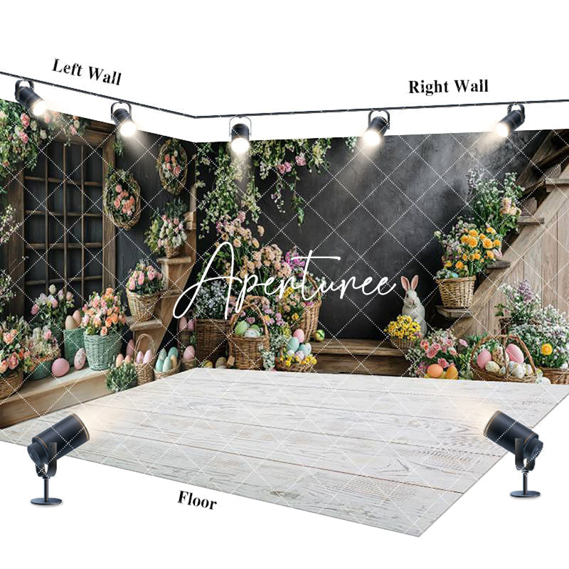 Aperturee - Aperturee Black Wall Floral Bunny Eggs Easter Room Set Backdrop