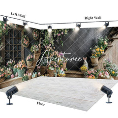 Aperturee - Aperturee Black Wall Floral Bunny Eggs Easter Room Set Backdrop