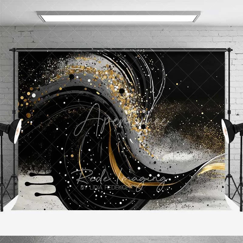 Aperturee - Aperturee Black White and Gold Swirl Fluid Art Backdrop Glitter Confetti Photography Background Elegant Decor