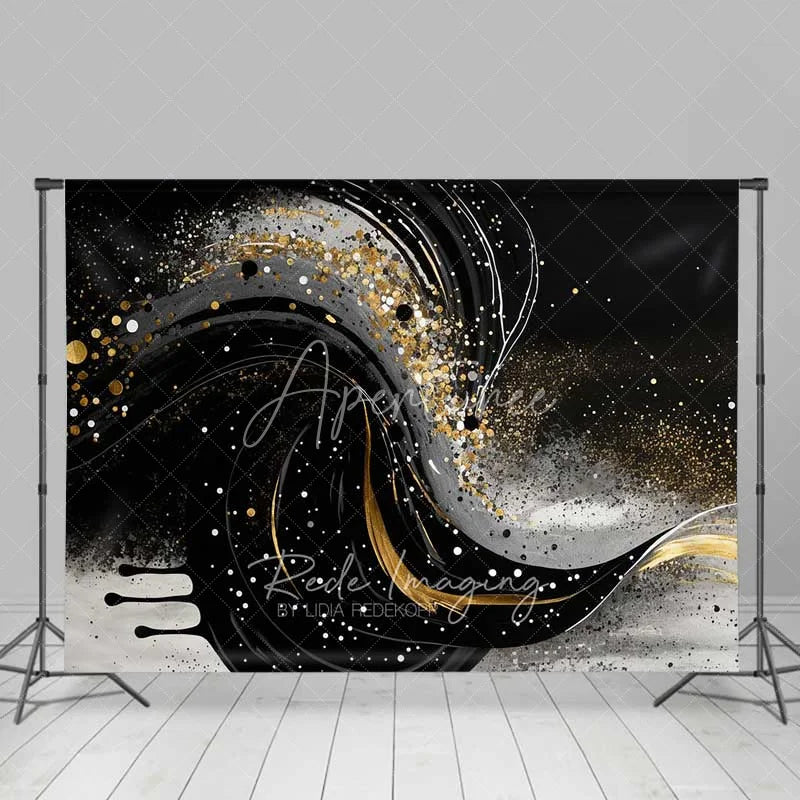 Aperturee - Aperturee Black White and Gold Swirl Fluid Art Backdrop Glitter Confetti Photography Background Elegant Decor