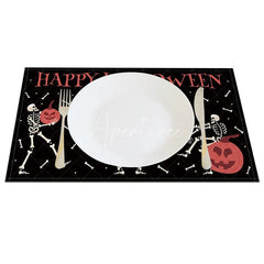 Aperturee - Aperturee Black White and Red Skeletons with Pumpkins Set of 4 Placemats for Spooky Halloween Party Decor