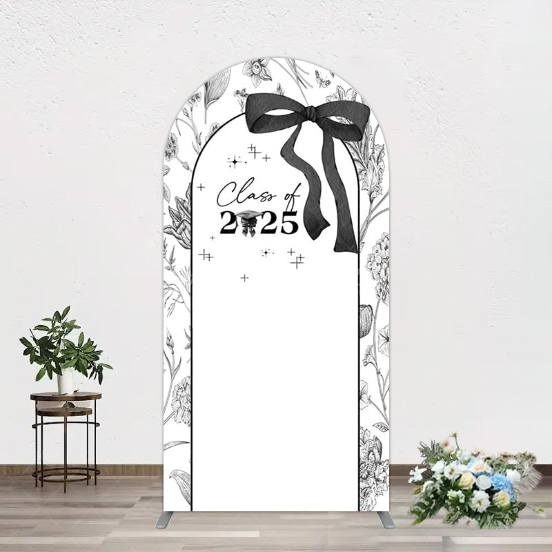 Aperturee - Aperturee Black White Bow Floral Congrats Graduation Arch Backdrop