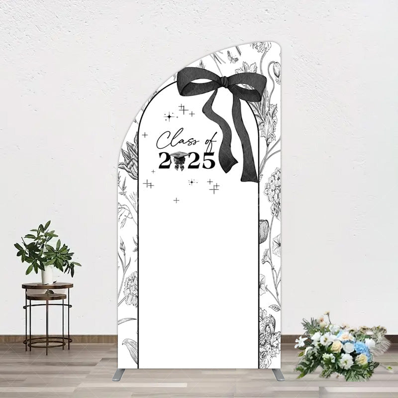 Aperturee - Aperturee Black White Bow Floral Congrats Graduation Half Moon Arch Backdrop