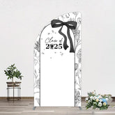 Aperturee - Aperturee Black White Bow Floral Congrats Graduation Half Moon Arch Backdrop