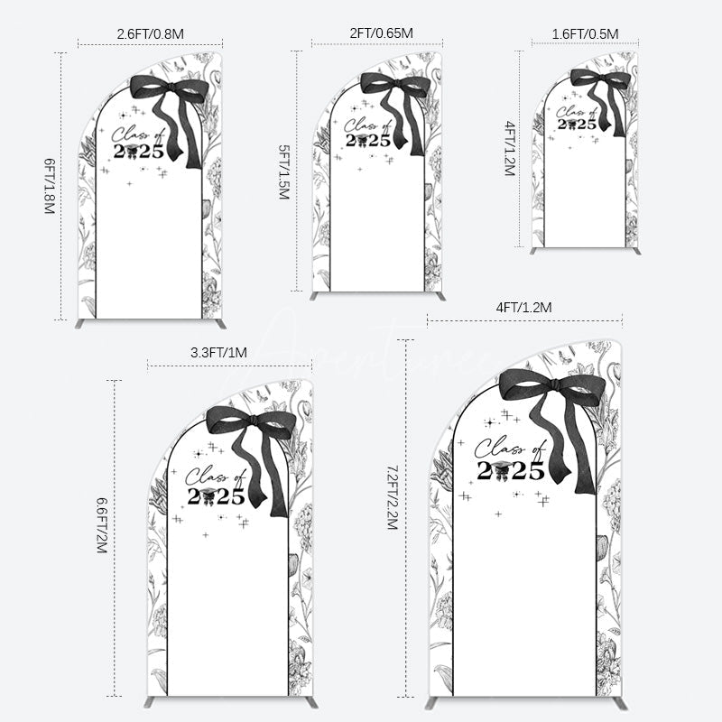 Aperturee - Aperturee Black White Bow Floral Congrats Graduation Half Moon Arch Backdrop