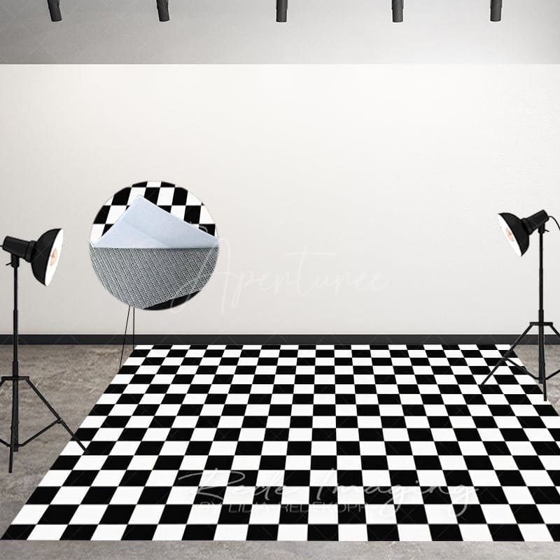 Aperturee - Aperturee Black White Checkered Fabric Floor Backdrop For Photo