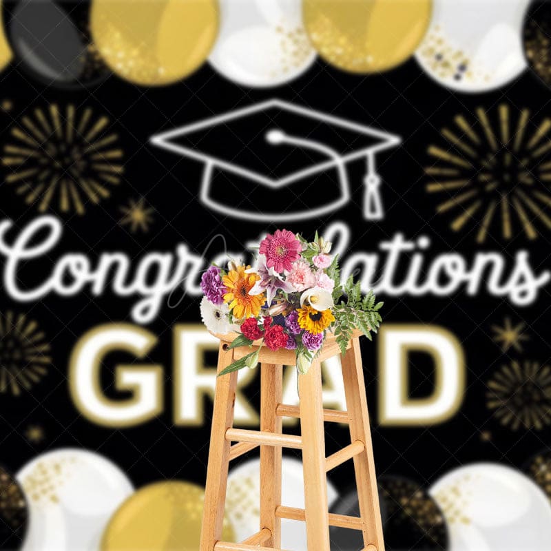 Aperturee - Aperturee Black White Gold Balloons Sparkle Backdrop For Grad