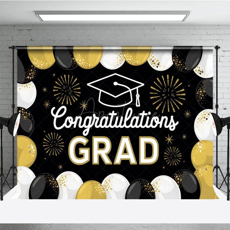 Aperturee - Aperturee Black White Gold Balloons Sparkle Backdrop For Grad