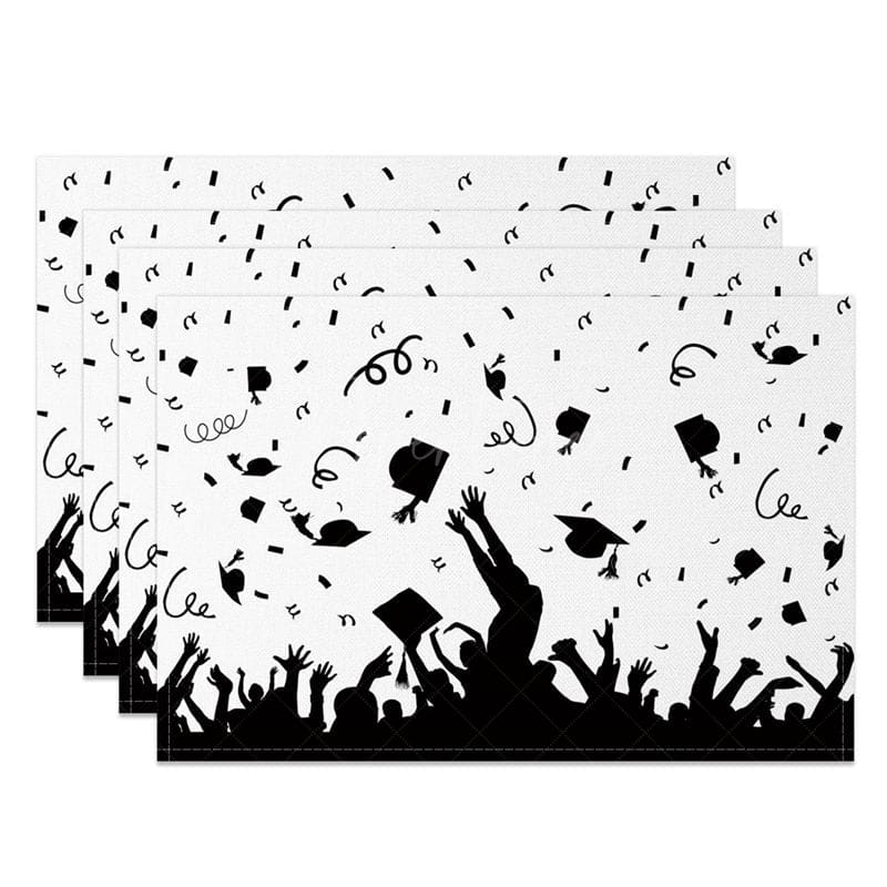 Aperturee - Aperturee Black White Mortarboards Scroll Set of 4 Placemats
