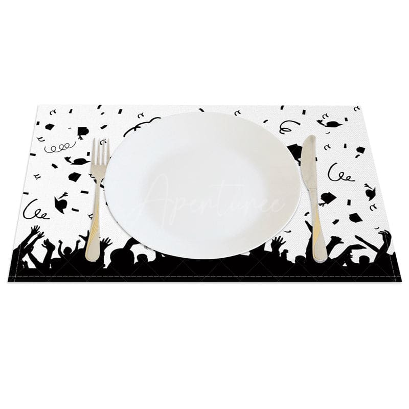 Aperturee - Aperturee Black White Mortarboards Scroll Set of 4 Placemats