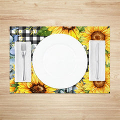 Aperturee - Aperturee Black White Plaid Yellow Sunflower Set Of 4 Placemats