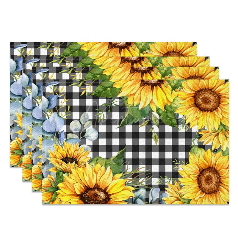 Aperturee - Aperturee Black White Plaid Yellow Sunflower Set Of 4 Placemats