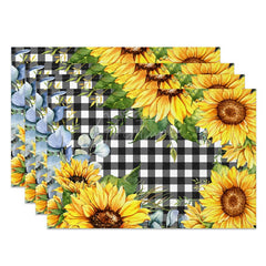 Aperturee - Aperturee Black White Plaid Yellow Sunflower Set Of 4 Placemats