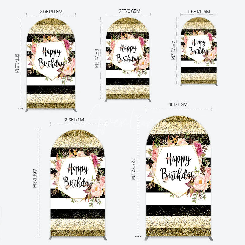 Aperturee - Aperturee Black White Stripe Birthday Arch Backdrop Pink Floral Gold Glitter Party Decoration Geometric Chic Background