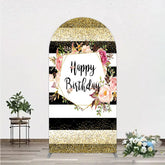 Aperturee - Aperturee Black White Stripe Birthday Arch Backdrop Pink Floral Gold Glitter Party Decoration Geometric Chic Background