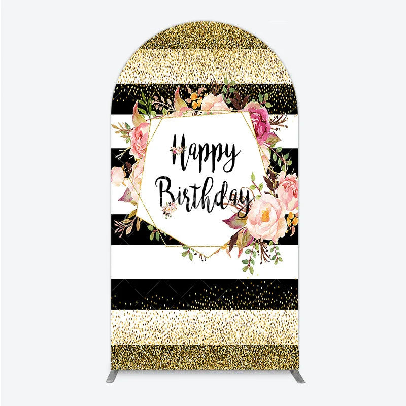 Aperturee - Aperturee Black White Stripe Birthday Arch Backdrop Pink Floral Gold Glitter Party Decoration Geometric Chic Background