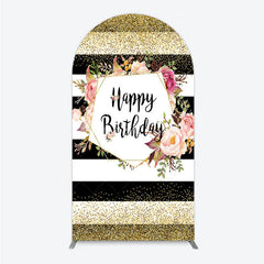 Aperturee - Aperturee Black White Stripe Birthday Arch Backdrop Pink Floral Gold Glitter Party Decoration Geometric Chic Background