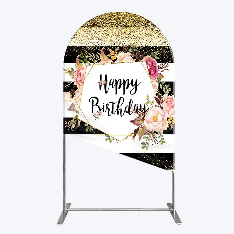Aperturee - Aperturee Black White Stripe Birthday Arch Backdrop Pink Floral Gold Glitter Party Decoration Geometric Chic Background