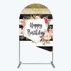 Aperturee - Aperturee Black White Stripe Birthday Arch Backdrop Pink Floral Gold Glitter Party Decoration Geometric Chic Background