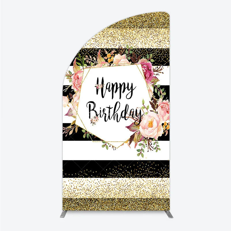 Aperturee - Aperturee Black White Stripe Birthday Half Moon Arch Backdrop Pink Floral Gold Glitter Party Decoration Geometric Chic