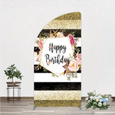Aperturee - Aperturee Black White Stripe Birthday Half Moon Arch Backdrop Pink Floral Gold Glitter Party Decoration Geometric Chic