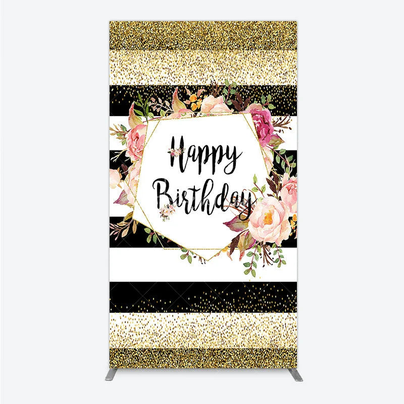 Aperturee - Aperturee Black White Stripe Birthday Rectangle Backdrop Pink Floral Gold Glitter Party Decoration Geometric Chic Background