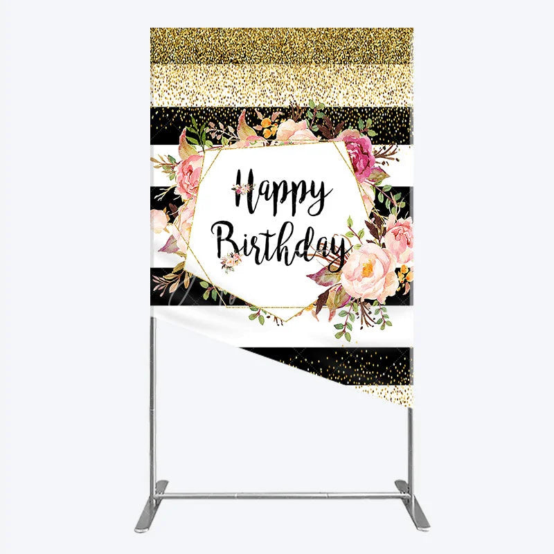 Aperturee - Aperturee Black White Stripe Birthday Rectangle Backdrop Pink Floral Gold Glitter Party Decoration Geometric Chic Background
